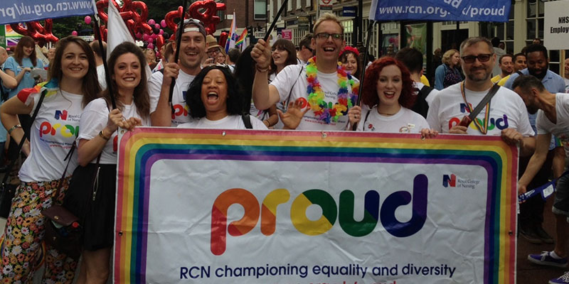 RCN staff and members marching at Pride London