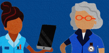a nurse in uniform holds up a tablet device