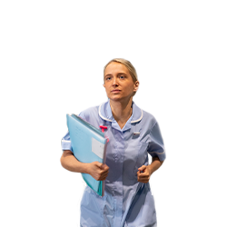 A member of nursing staff holding a folder and running