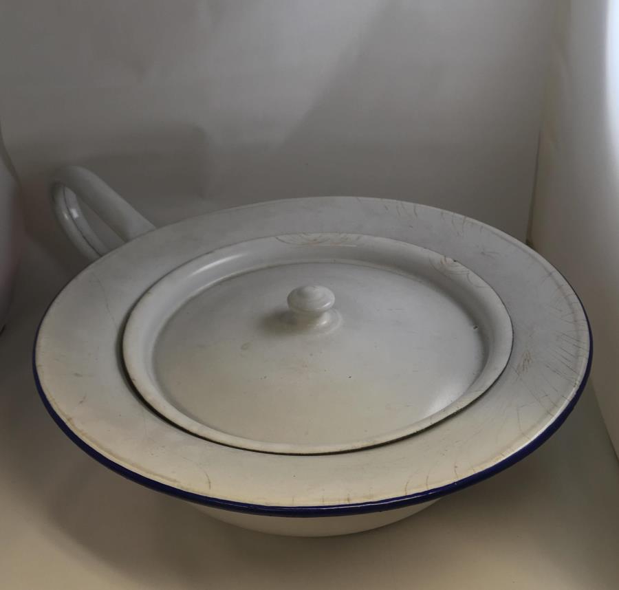 Enamel bedpan cup, c.1914. In the nineteenth century there was next to no focus on supporting older people to be independent. Bed pans were used widely for those considered ‘bed bound’. Loaned from the British Red Cross Museum and Archive. 