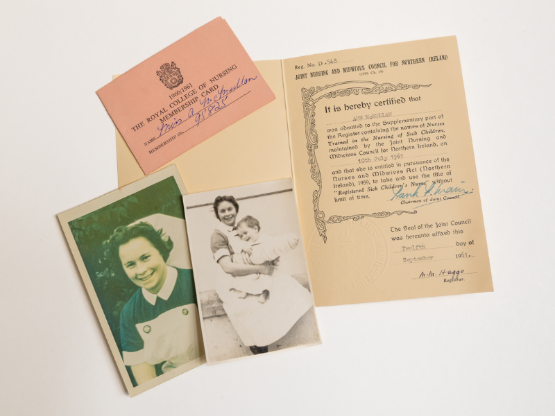 RCN membership card, nursing training certificate form 1961 and photos of a woman dressed in nursing uniform