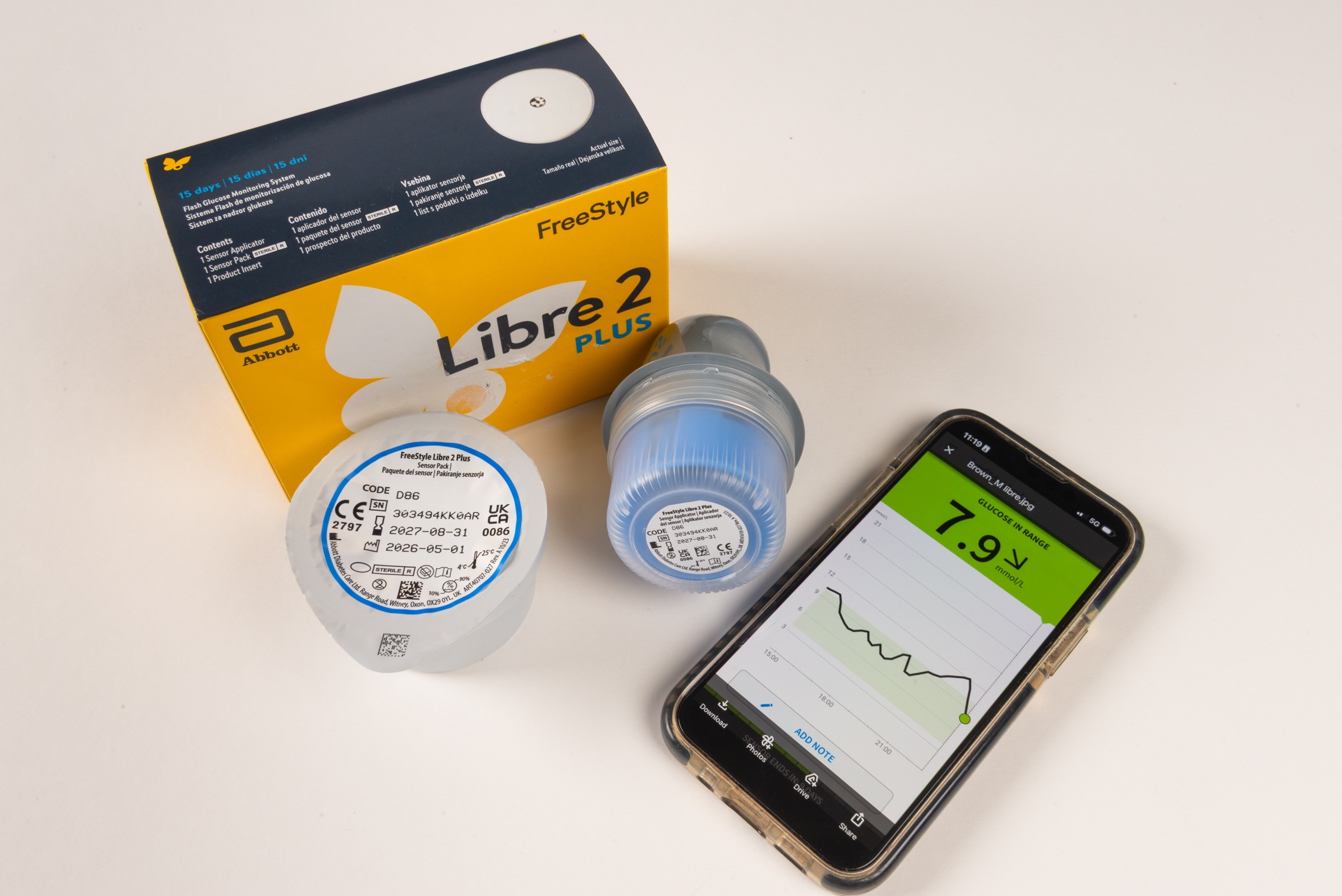 Two round, plastic components beside a navy and yellow box with Libre 2 on the front, and a smartphone showing a line graph and a percentage on a green background.