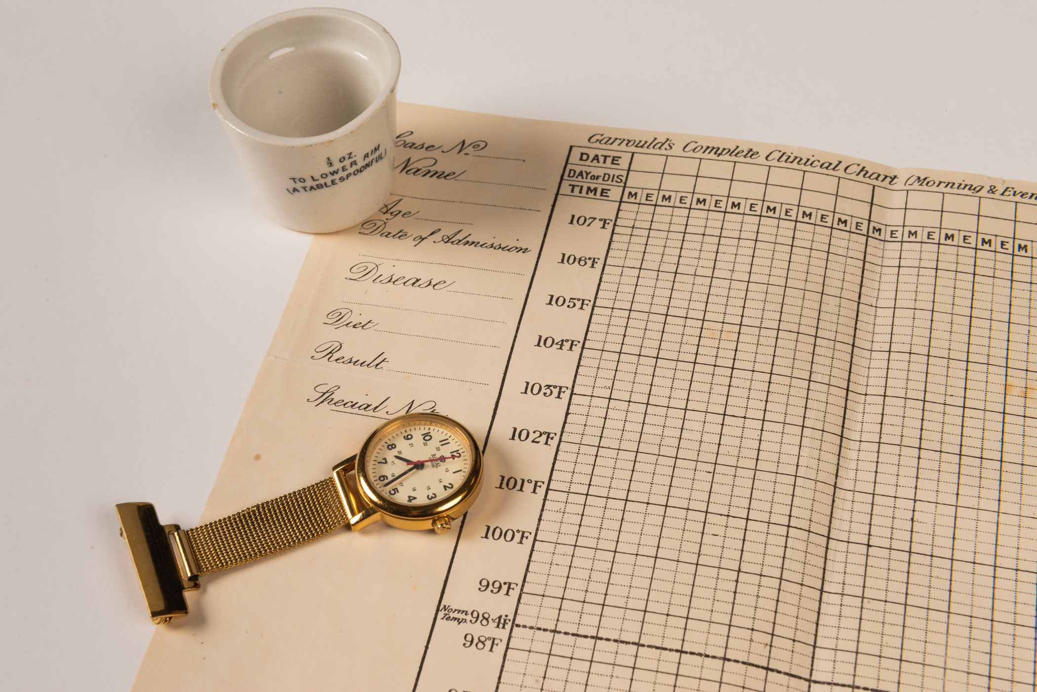A small gold fob watch and a small white ceramic cup with measuring instructions on the side atop an old clinical chart with fields on the left for patient's personal data and a table for recording patient's temperature on the right.