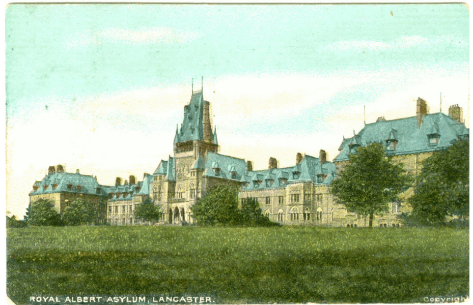 Colourised postcard of a large building with a green blue roof with a large green area in front of it.