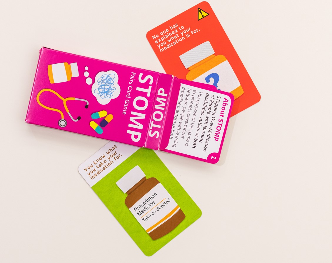Coloured cards with pictures of medicine bottles and text