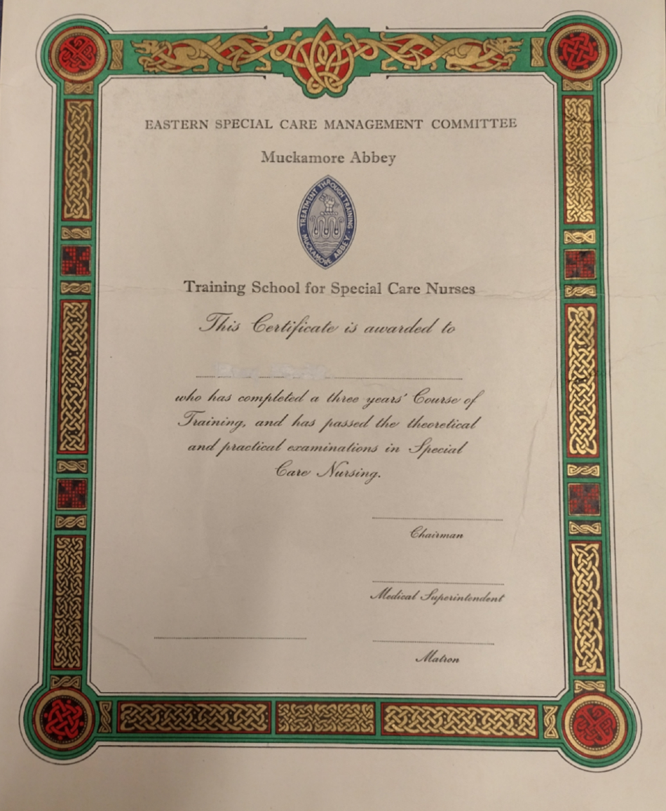 Certificate with green, red and gold Celtic border. Top level text reads: "Eastern Special Care Management Committee. Muckamore Abbey. Training School for Special Care Nurses."