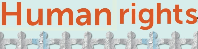 Orange title on a light blue background saying 'human rights'. There is an image of a paperchain of cut out people at the bottom of the texy