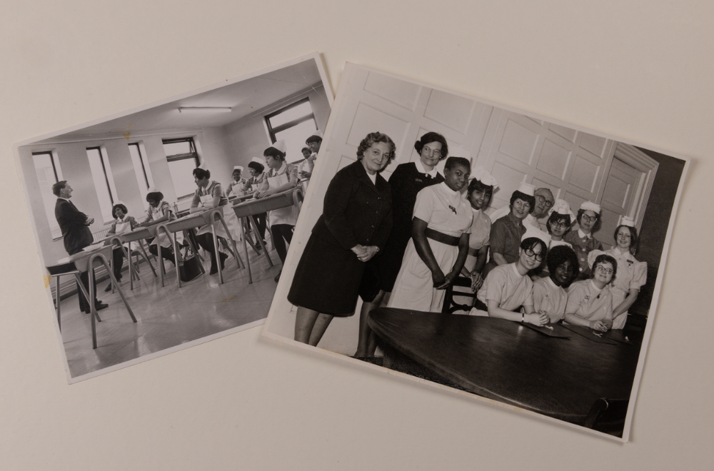Two black-and-white photos of nurses. Left: Black and Asian nurses sitting at desks in a classroom setting with a male teacher standing at the front of the room. Right: Group of smiling nurses and instructors gathered by a table.