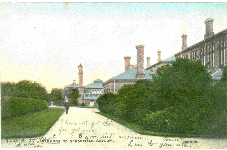 A postcard showing the exterior of Sedgefield Asylum
