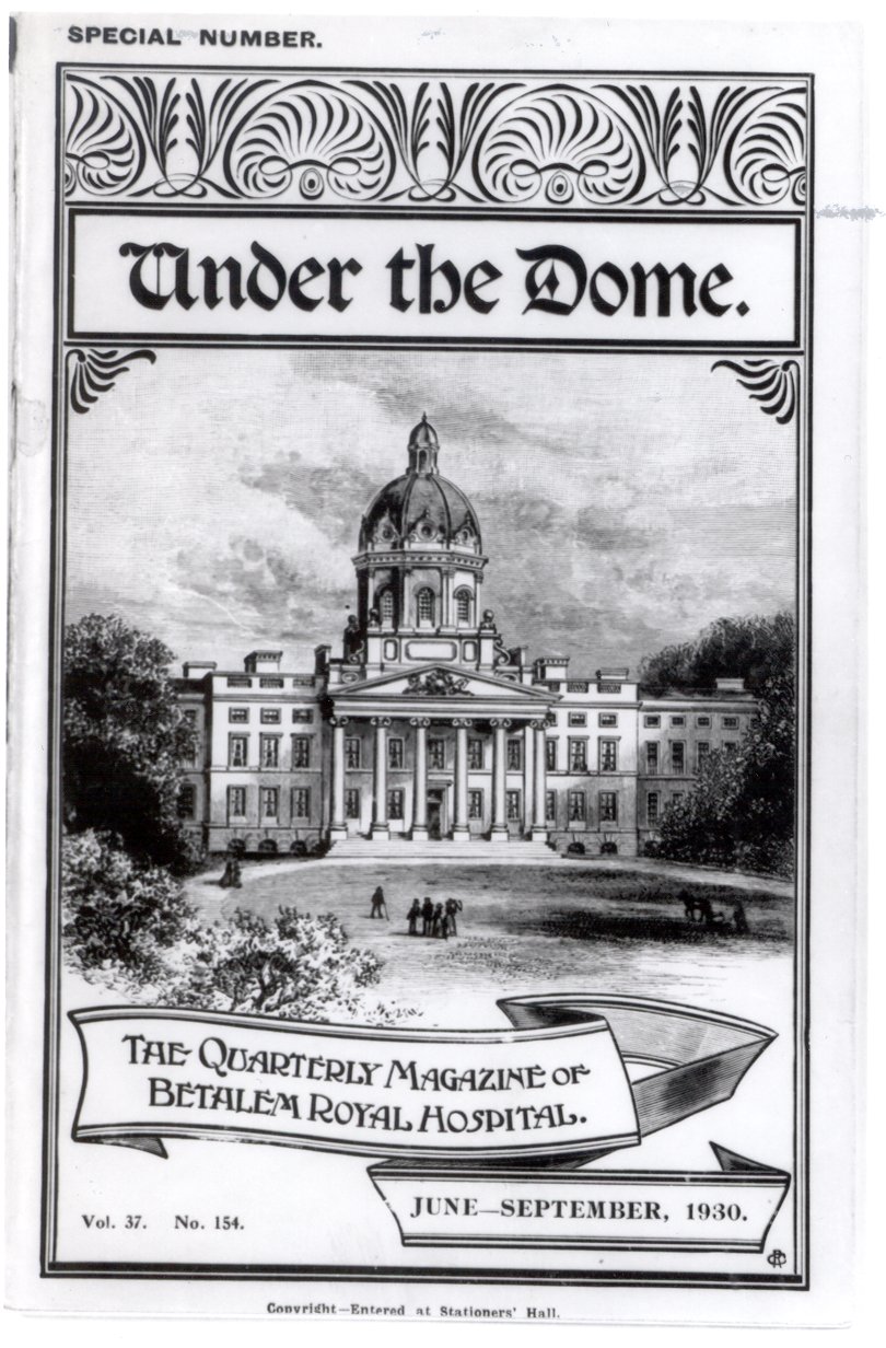 Black and white cover of the Under the Dome hospital magazine 1889 - 1890/9. Bethlem.