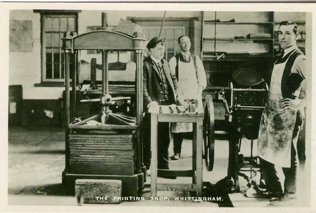 Black and white photograph of three people at the printing workshop at the Whittingham Asylum circa 1920