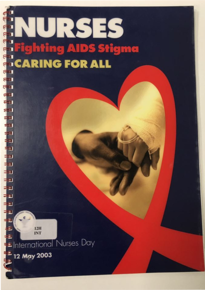 Dark blue booklet cover with a red, heart-shaped AIDS ribbon logo with two hands being held inside. 