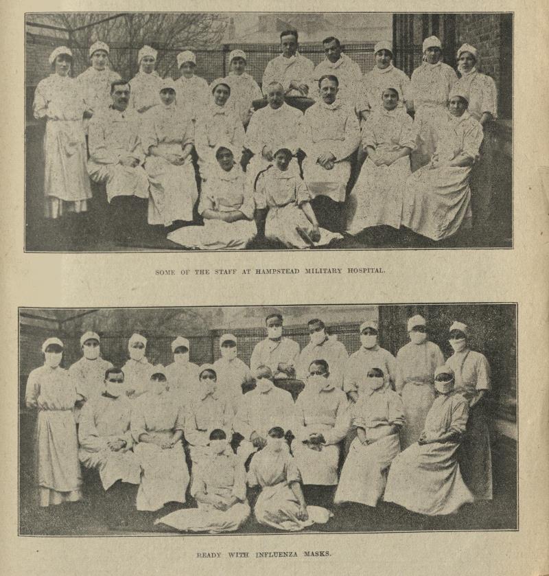 Nursing staff at Hampstead Military Hospital, pictured with and without their influenza masks, 1918. Nursing Times article.