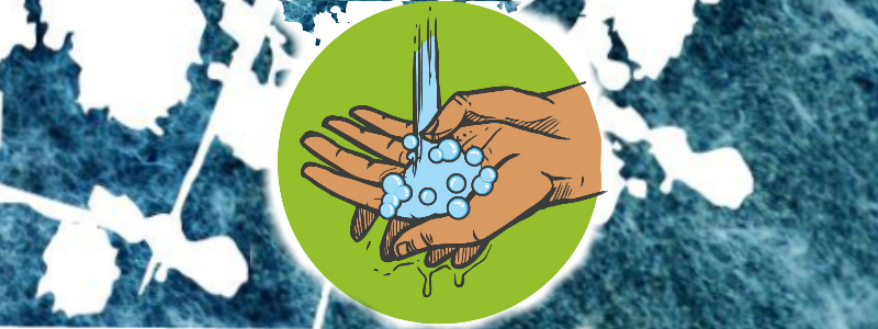 A stylised pair of hands being washed under a stream of water on a green, blue and white background.
