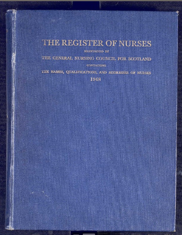 A blue covered book showing the 1948 General Nursing Council Register.