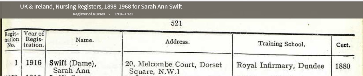 An entry in the Collge of Nursing register 1921 showing Dame Sarah Ann Swift as the number 1 entry, with her address and certification date of 1880 and that she trained at the Royal Infirmary, Dundee.
