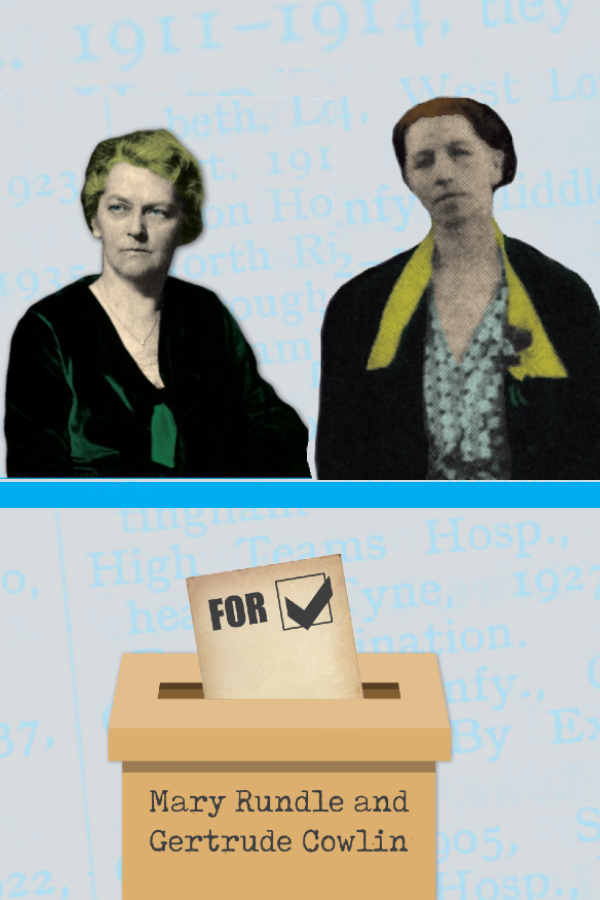An image of Mary Rundle and Gertrude Cowlin above a voting box showing that these two friends were for nursing registration. 
