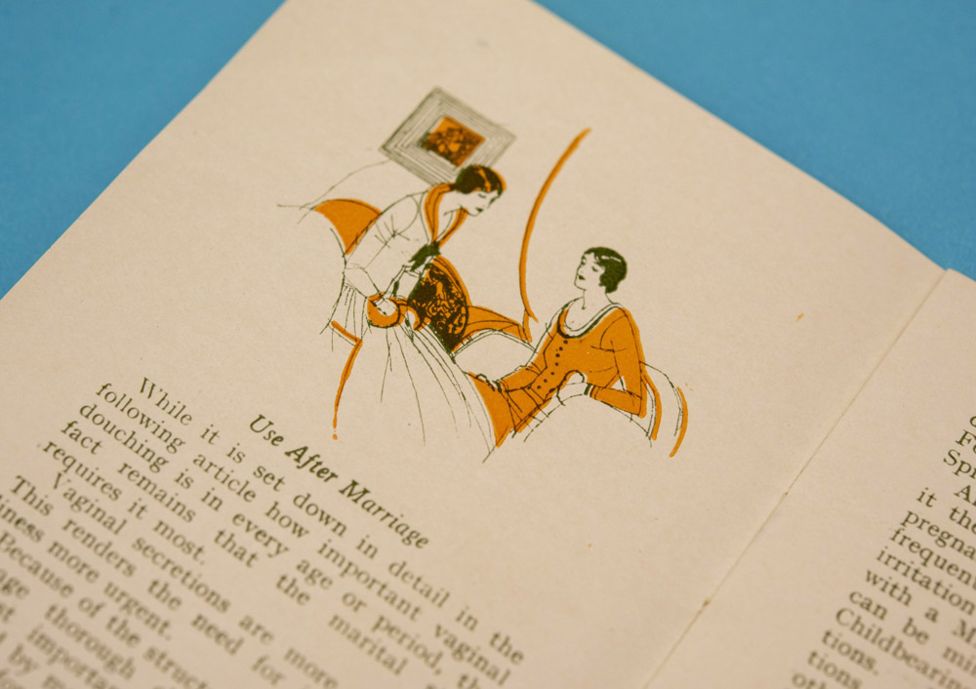 Marvel Whirling Spray vaginal douche c1900. The booklet describes vaginal douching as ‘woman’s best safeguard against uterine cancer’ and asserts that ignorance of the use and importance of vaginal douching leads to ‘misery, woe and utter despair’. Loaned from the Royal Pharmaceutical Society. Photo credit: Phil Coomes.