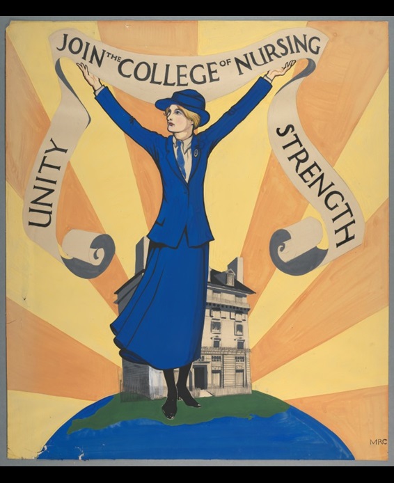 A poster showing female figure holding a banner reading the words 'Join the Royal College of Nursing. Unity. Strength.'