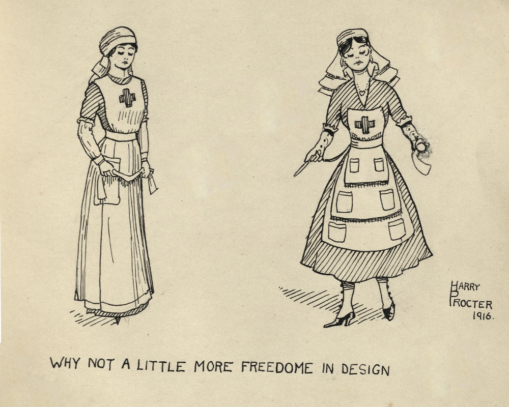 Drawing of two nurses, the one on the left wearing a traditional VAD uniform, the one on the right wearing an elaborate 'fantasy' uniform with many pockets.