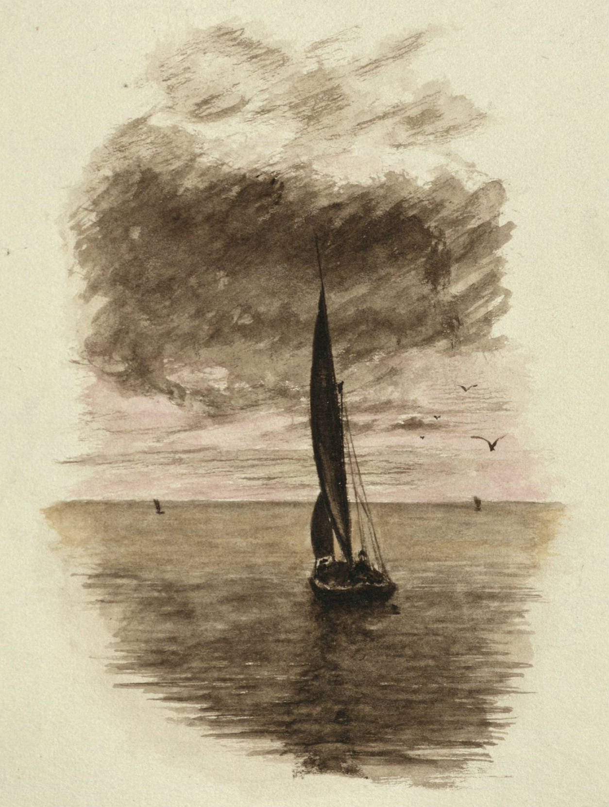 Black and white drawing of a sailboat at sea