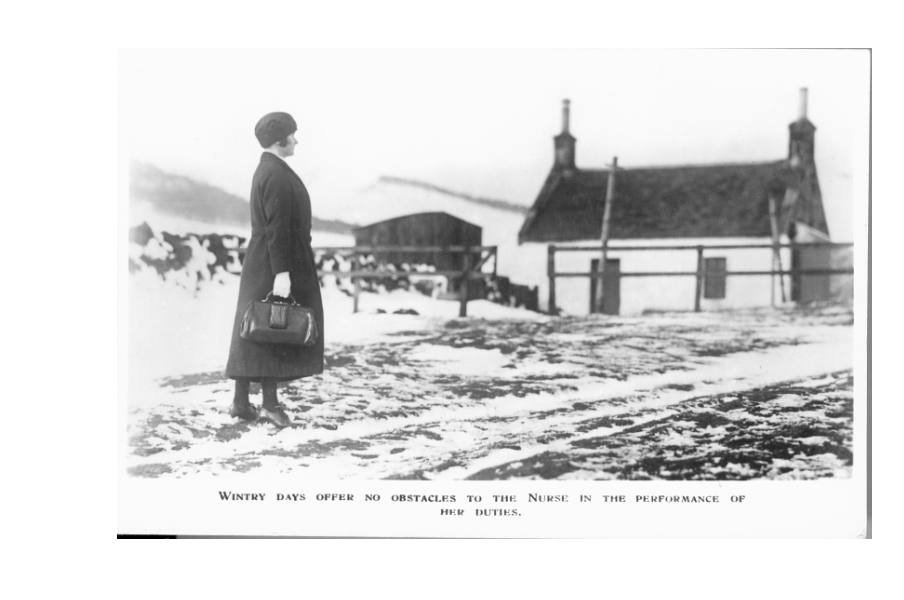 Postcard of a 'Queen's' nurse walking through the snow to a cottage, 1926. RCN Archive.