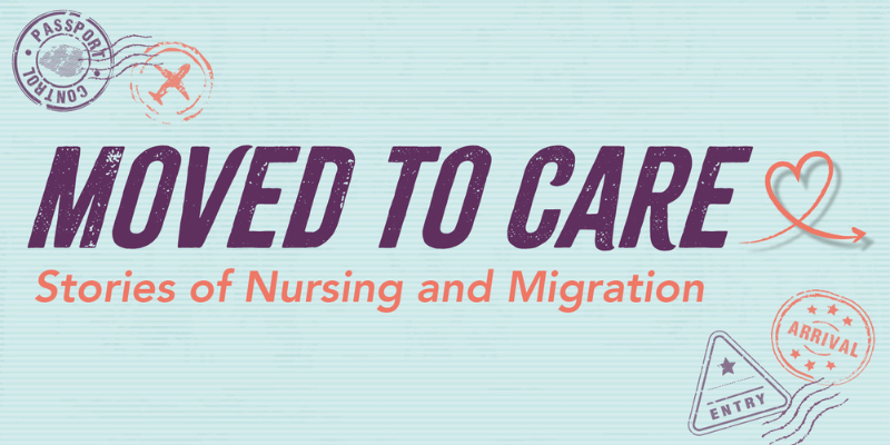 Title image for 'Moved to Care: Stories of Nursing and Migration' Exhibition, blue background with purple and red text and travel stamps.
