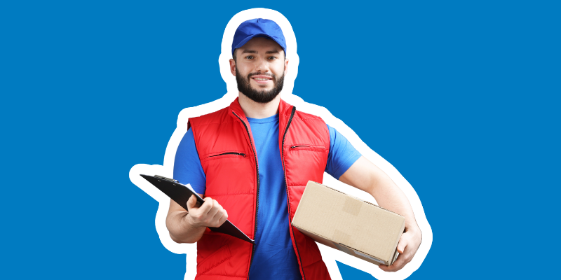 A delivery person holds a box and clipboard