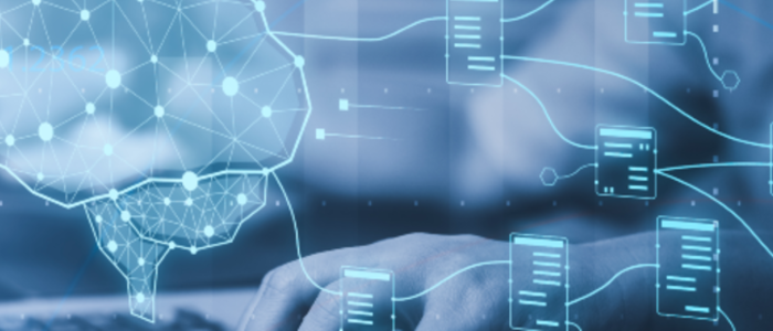 Blue futuristic graphic of a brain connecting to devices