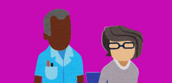 illustration of two nursing staff on a pink background