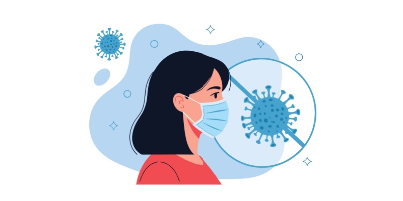 graphic of women with face mask surrounded by virus spores