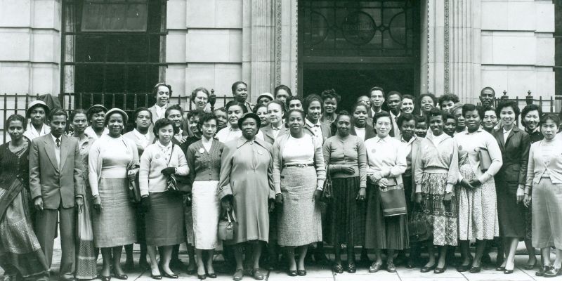 International School students outside the College entrance, 1957.