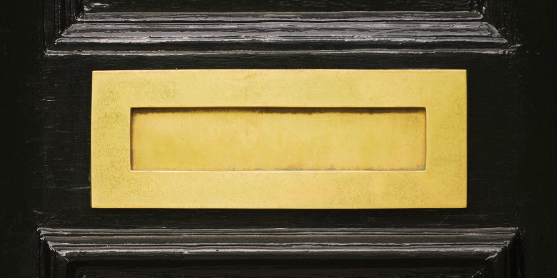 A letter box mounted on a door.