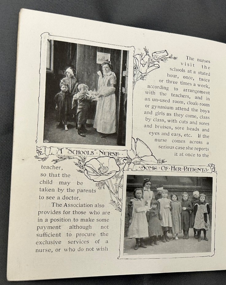 Page from inside the pamphlet 'Liverpool Queen Victoria District Nursing Association: Queen's Nurses, by Liverpool Queen Victoria District Nursing Association' featuring two black and white photos of nurses with school children.