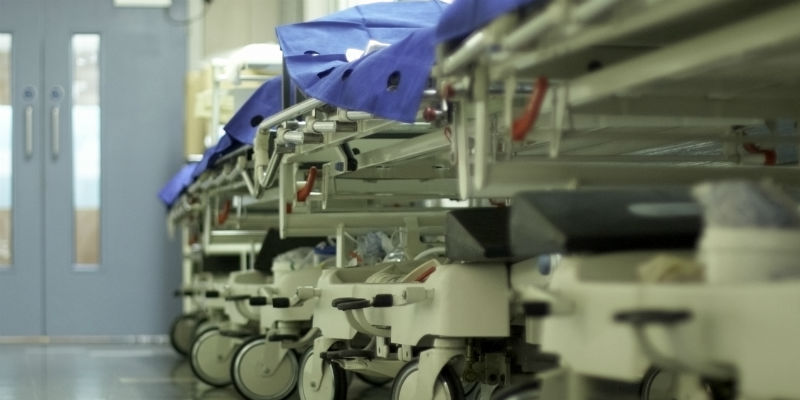 Beds in a hospital corridor