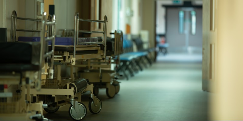 Trolleys in hospital corridor