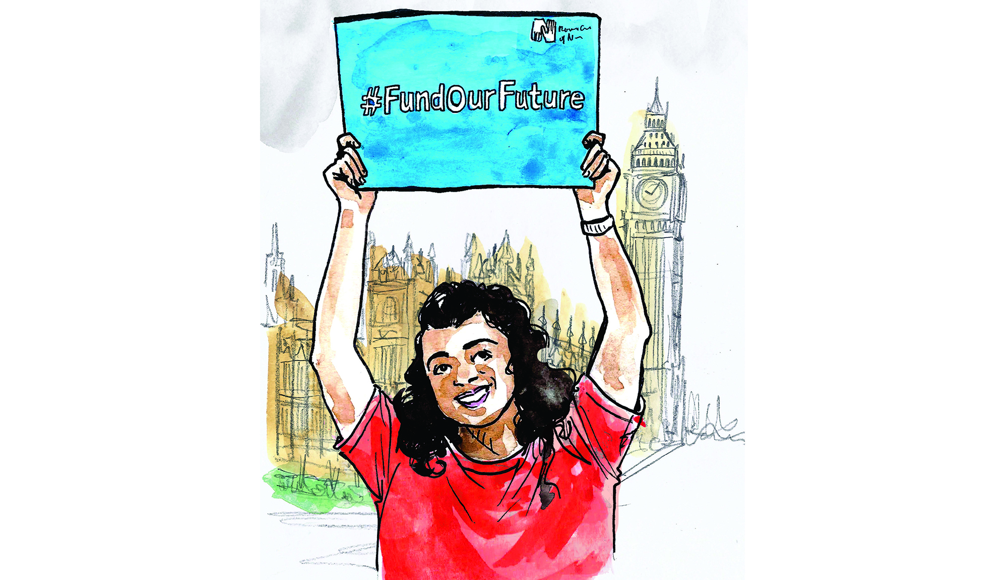 Illustration of an RCN student member holding a 'Fund our future' sign up outside of the Houses of Parliament, Westminster