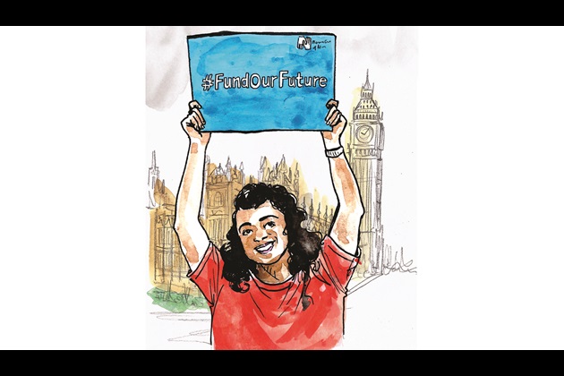 Illustration of an RCN student member holding a 'Fund our future' sign up outside of the Houses of Parliament, Westminster