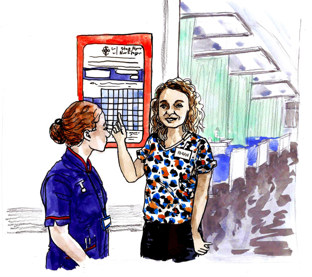 Illustration of nurses in Wales discussing safe staffing