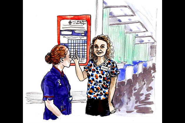Illustration of nurses in Wales discussing safe staffing