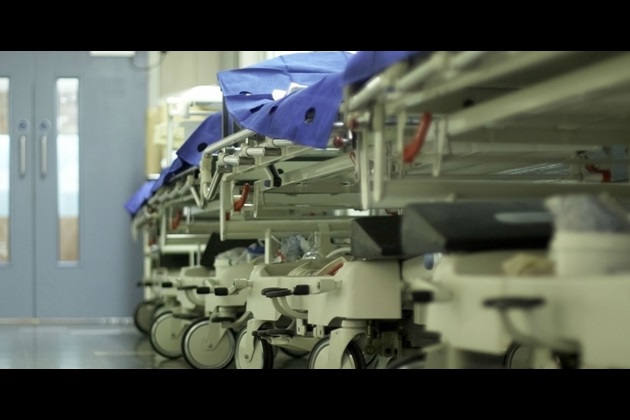 Beds in a hospital corridor