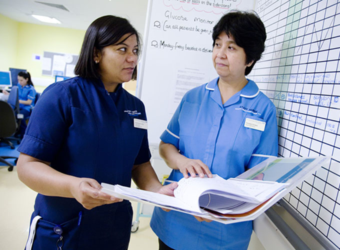 Two nurses looking at notes in folder
