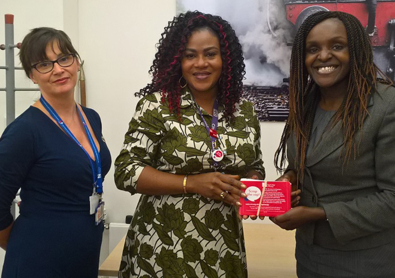 Left to right: RCN Officer Kathryn Hardaker with member Anthonia Williams and Labour MP Fiona Onasanya.