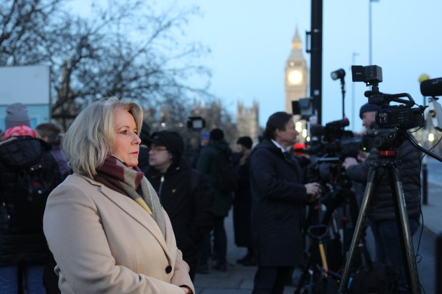 Pat Cullen outside St Thomas' Hospital being interviewed by news crew. Big Ben in background