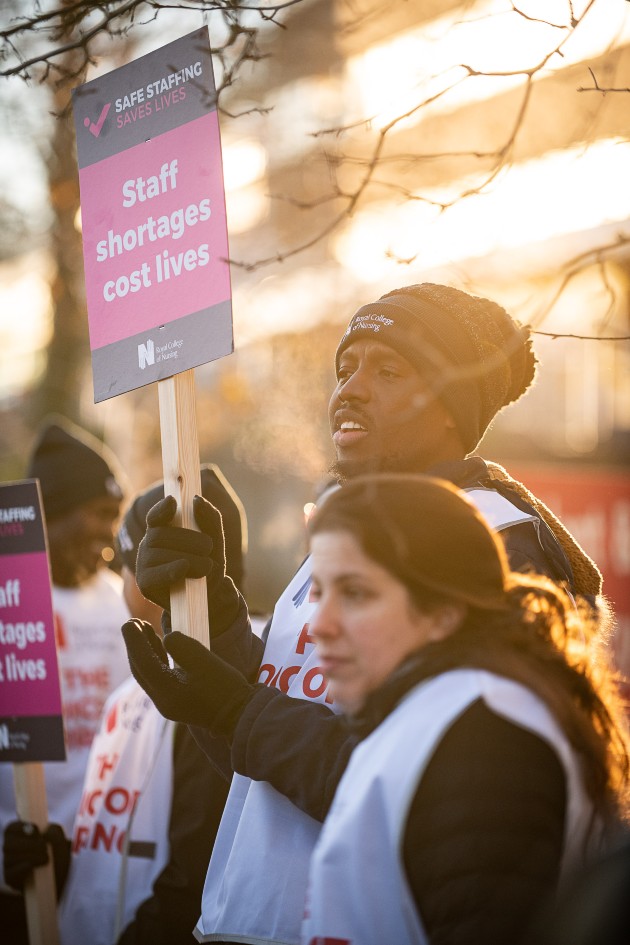 RCN members going strong on the picket line as the sun starts to set
