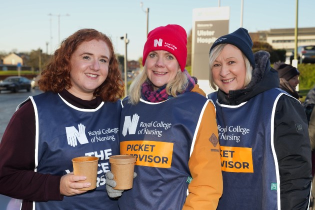 Three female picket supervisors taking a break with some warm soup in Northern Ireland