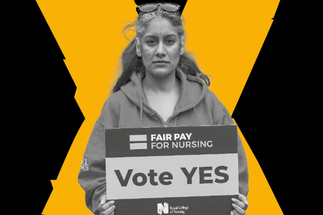 Nursing RCN member holding 'Vote yes' placard against a black and yellow cross background