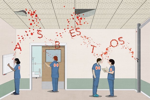Illustration of crumbling hospital ceiling with the words asbestos in red falling on workers