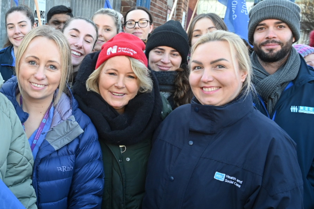 RCN members with RCN General Secretary and Chief Executive Pat Cullen on the Royal Victoria hospital picket line in January 2024