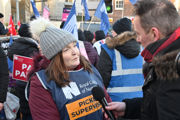 RCN member being interviewed on the picket line in Northern Ireland in January 2024